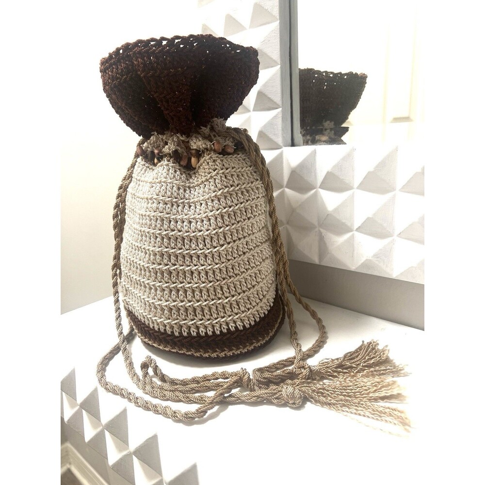 Vintage Handmade Beaded Knit Pouch Handbag Satchel Cream Brown Tassel Boho 10x6”